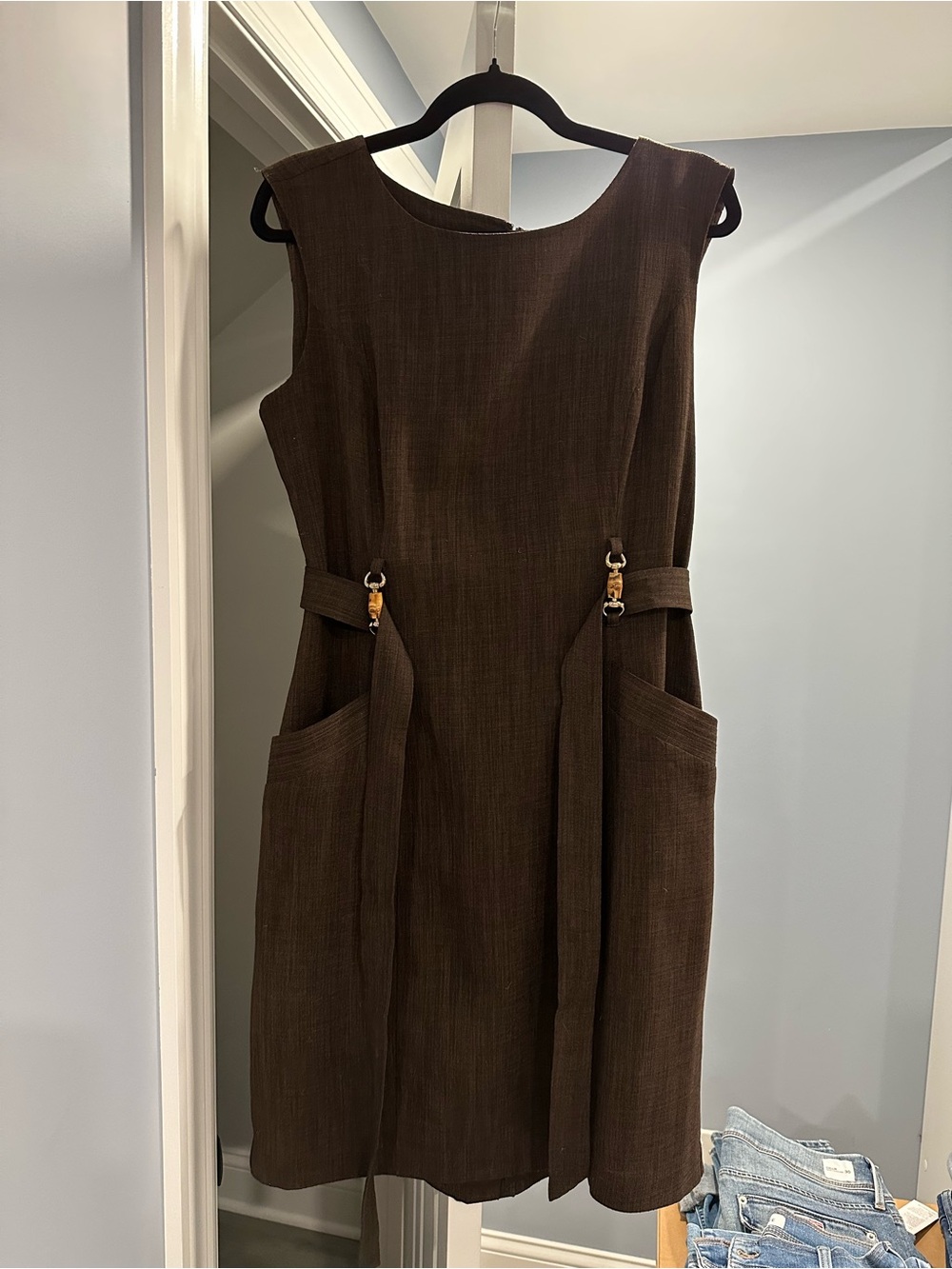 Ellen Tracy Dark Brown Sleeveless Midi Shift Dress with Buckle Details
